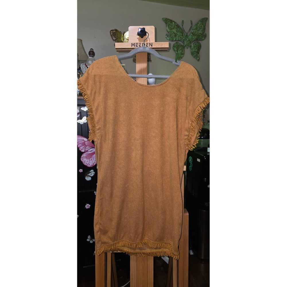 Heartloom Faux Suede Fringe Tunic Top Camel Brown Boho Beaded XS
